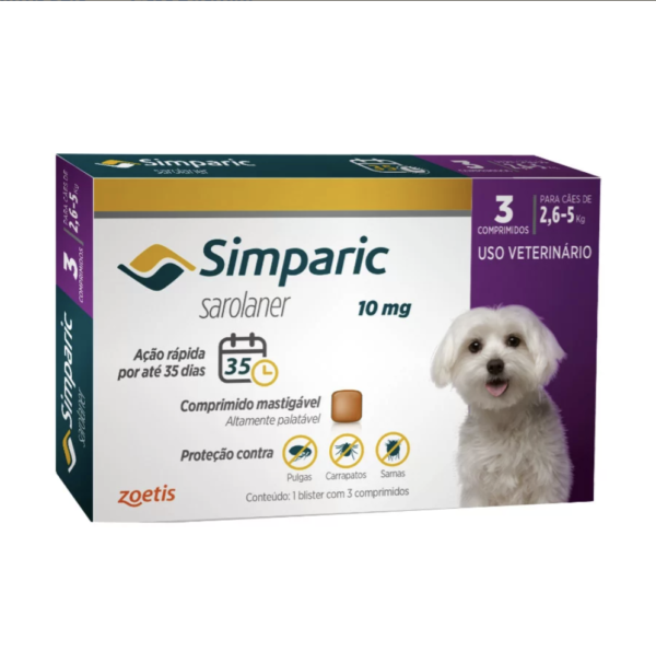 Antipulgas Simparic 10mg Para Cães 2,6 a 5kg 3 Comprimidos