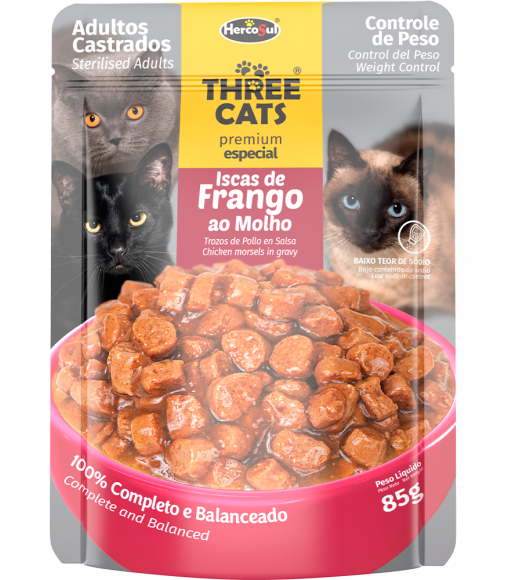 Ração Úmida Threecats Sachê Premium Especial Gatos Castrados Iscas de Frango ao Molho 85g